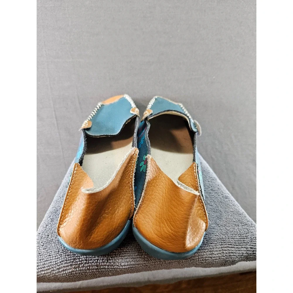 Hand Painted Floral Leather Loafers Teal Boho Flats Size 40 (sku 132)